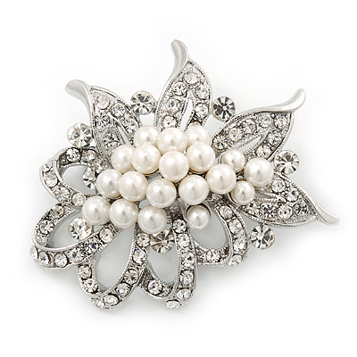 Bridal White Simulated Pearl Cluster, Clear Crystal Brooch In Silver Plated Metal - 50mm Length - main view