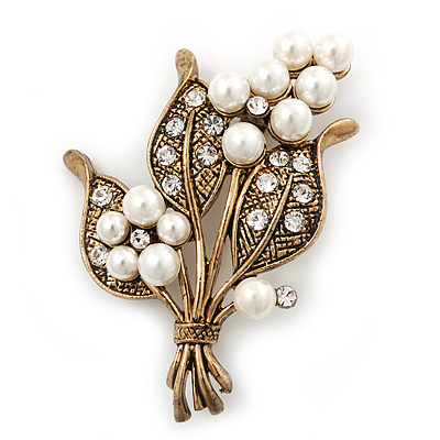 White Simulated Pearl, Clear Crystal Bouquet Brooch In Burn Gold - 5cm Length - main view