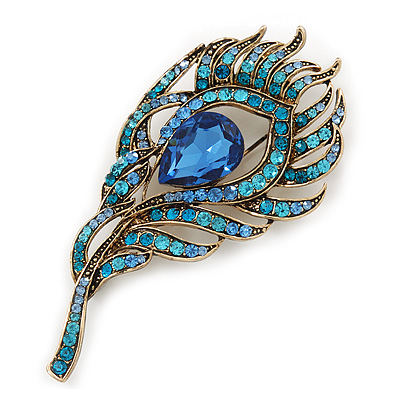 Vintage Blue/Teal Swarovski Crystal 'Peacock Feather' Brooch In Burn Gold - 8cm Length - main view