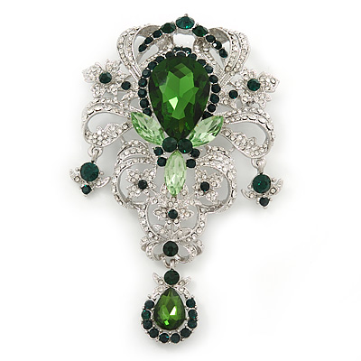 Statement Emerald Green/ Clear CZ Crystal Charm Brooch In Rhodium Plating - 11cm Length - main view