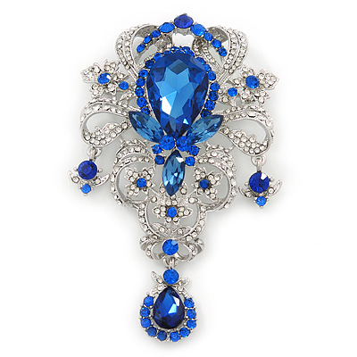 Statement Sapphire Blue Coloured/ Clear CZ Crystal Charm Brooch In Rhodium Plating - 11cm Length