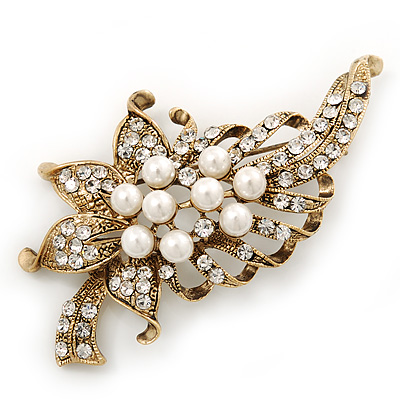 White Simulated Pearl, Clear Crystal Floral Brooch In Burn Gold Metal - 67mm Length - main view