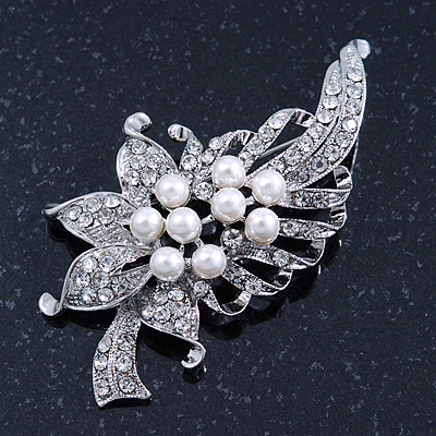 White Simulated Pearl, Clear Crystal Floral Brooch In Rhodium Plating - 67mm Length - main view
