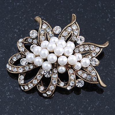 Vintage Style White Simulated Pearl Cluster, Clear Crystal Brooch In Burn Gold Metal - 50mm Length - main view