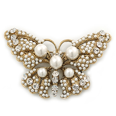 Vintage Simulated Pearl, Swarovski Crystal 'Butterfly' Brooch In Antique Gold Metal - 65mm Width - main view