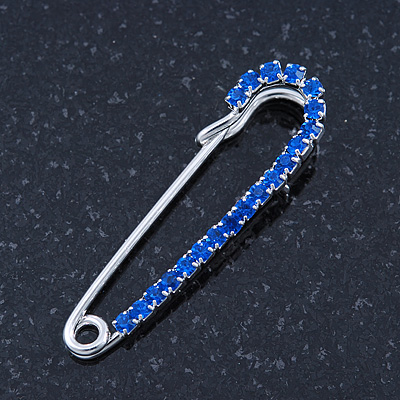 Small Sapphire Blue Coloured Crystal Scarf Pin Brooch In Rhodium Plating - 40mm Width - main view