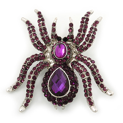 Large Purple Crystal Spider Brooch In Rhodium Plating - 55mm Length - main view