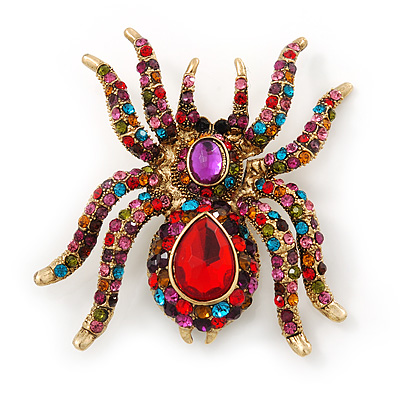 Large Multicoloured Swarovski Crystal Spider Brooch In Gold Plating - 55mm Length - main view