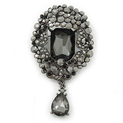 Victorian Style Hematite Crystal Charm Brooch In Gun Metal - 85mm Length