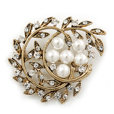 Vintage White Simulated Glass Pearl Crystal Floral Brooch In Burn Gold Metal - 5cm Width - main view