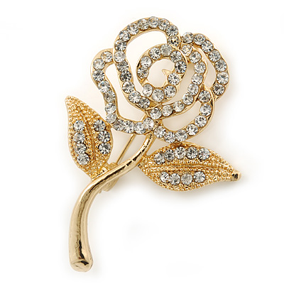 Small Classic Swarovski Crystal Open Rose Flower Brooch In Gold Plating - 40mm Across - main view