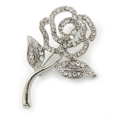 Small Classic Swarovski Crystal Open Rose Flower Brooch In Rhodium Plating - 40mm Across - main view