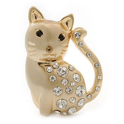 Clear Swarovski Crystal 'Cat' Brooch In Brushed Gold Finish - 45mm Length - main view