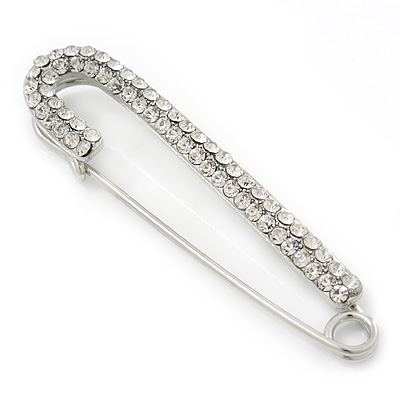 Classic Large Clear Austrian Crystal Safety Pin Brooch In Rhodium Plating - 65mm Length