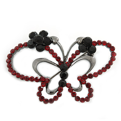 Ruby Red Coloured Crystal Double Butterfly Brooch In Gun Metal - 52mm - main view