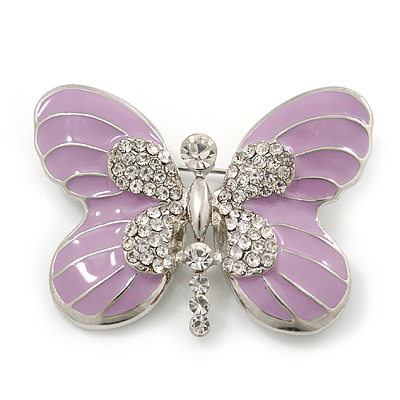 Pale Lavender Enamel Clear Crystal 'Butterfly' Brooch In Rhodium Plating - 47mm Width - main view
