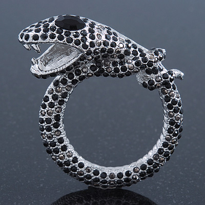Black/ Hematite Crystal Coiled Snake Brooch In Silver Plating - 65mm Across - main view