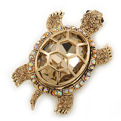 Stunning AB/ Champagne Swarovski Crystal 'Turtle' Brooch In Gold Plating - 62mm Length - main view