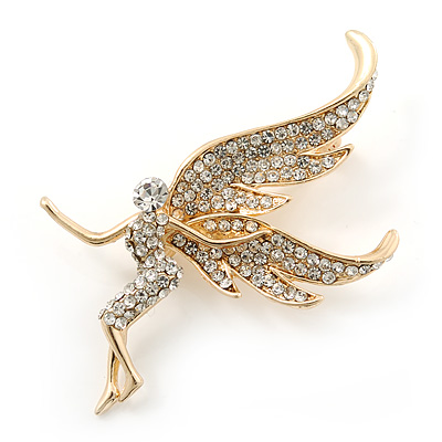 Gold Plated Pave Set Clear Crystal 'Fairy' Brooch - 50mm Length - main view