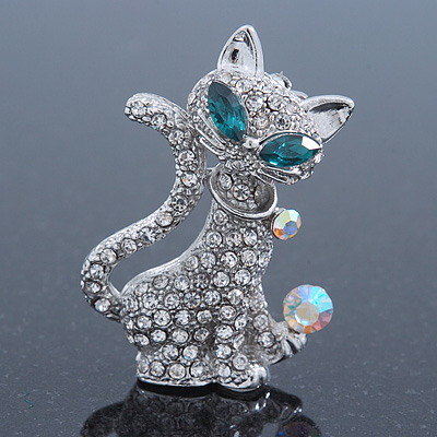 Cute 'Cat' With Green Eyes, Crystal Collar & Ball Brooch In Rhodium Plating - 43mm Length - main view