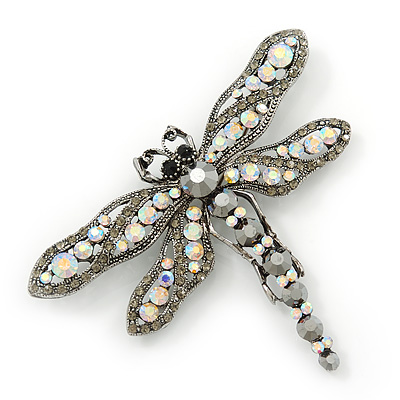 Large AB/ Hematite Swarovski Crystal 'Dragonfly' Brooch/ Pendant In Gun Metal - 80mm Width - main view