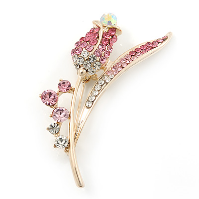 Gold Plated Pink/ Clear Crystal 'Rose' Brooch - 55mm Length - main view