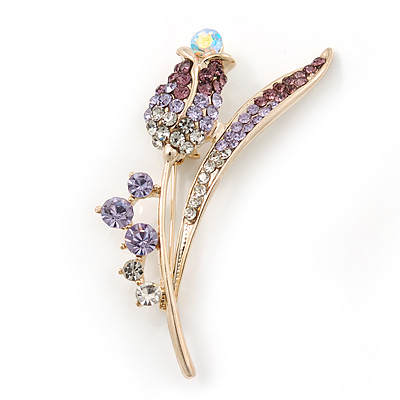 Gold Plated Purple/ Clear Crystal 'Rose' Brooch - 55mm Length - main view