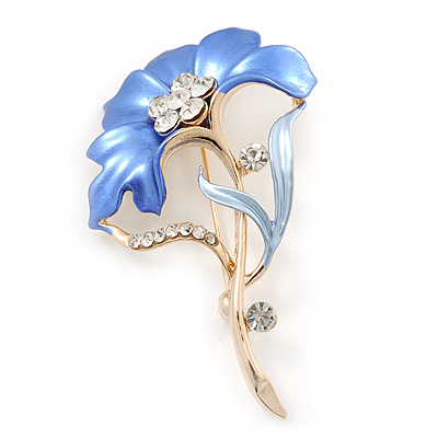 Violet Blue Enamel Diamante 'Flower' Brooch In Gold Plating - 55mm Length - main view