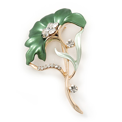 Grass Green Enamel Diamante 'Flower' Brooch In Gold Plating - 55mm Length - main view
