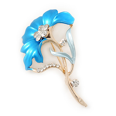 Azure Blue Enamel Diamante 'Flower' Brooch In Gold Plating - 55mm Length - main view
