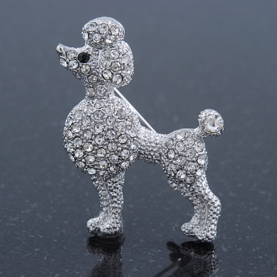 Small Rhodium Plated Pave Set Clear Crystal 'Poodle' Brooch - 37mm Across - main view