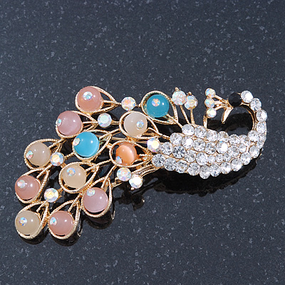Gold Plated Multicoloured Diamante 'Peacock' Brooch - 70mm Across