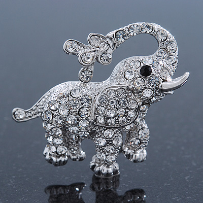 Small Rhodium Plated Pave Set 'Happy Elephant' Brooch - 37mm Across