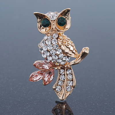 Cute Crystal 'Owl' Brooch In Gold Plating - 40mm Across - main view