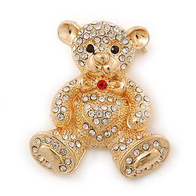 Gold Plated Crystal Teddy Bear With Bow&Heart Brooch - 45mm Across