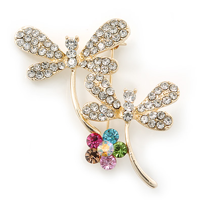 Double Diamante Butterfly Brooch In Gold Plating - 45mm Length - main view