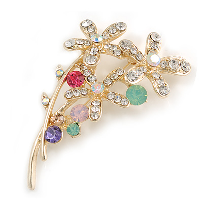 Multicoloured Crystal Floral Brooch In Gold Plating - 60mm Length - main view