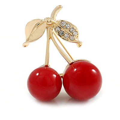 Red Bead 'Double Cherry' Diamante Brooch In Gold Plating - 40mm Width