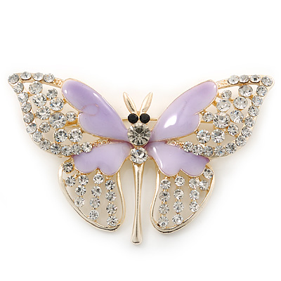 Dazzling Diamante/ Lavender Enamel Butterfly Brooch In Gold Plaiting - 70mm Width - main view