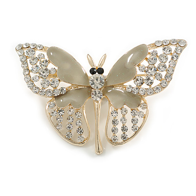 Dazzling Diamante /Light Grey Enamel Butterfly Brooch In Gold Plaiting - 70mm Width - main view