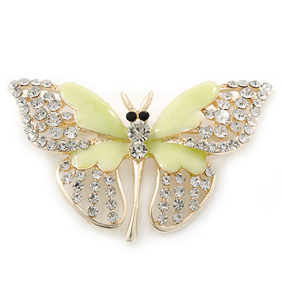 Dazzling Diamante /Pale Green Enamel Butterfly Brooch In Gold Plaiting - 70mm Width - main view