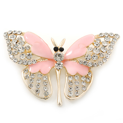 Dazzling Diamante /Pale Pink Enamel Butterfly Brooch In Gold Plaiting - 70mm Width - main view