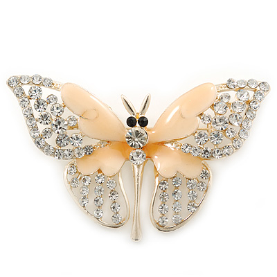 Dazzling Diamante /Magnolia Enamel Butterfly Brooch In Gold Plaiting - 70mm Width - main view