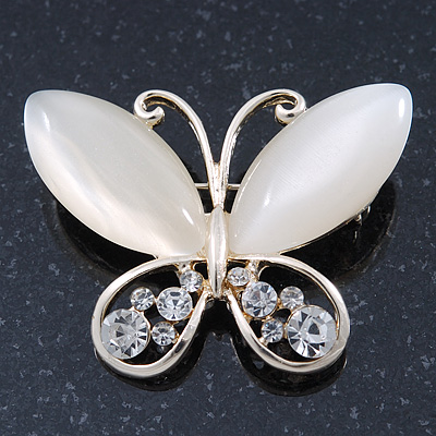 Milky White Cat's Eye Stone/ Diamante Butterfly Brooch In Gold Plating - 40mm Width - main view