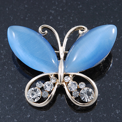 Cobalt Blue Cat's Eye Stone/ Diamante Butterfly Brooch In Gold Plating - 40mm Width - main view