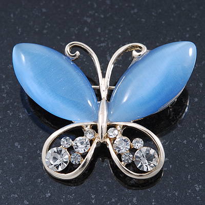 Cobalt Blue Cat's Eye Stone/ Diamante Butterfly Brooch In Gold Plating - 40mm Width