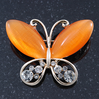 Orange Cat's Eye Stone/ Diamante Butterfly Brooch In Gold Plating - 40mm Width - main view