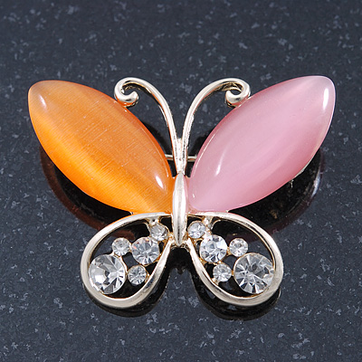 Orange/Pink Cat's Eye Stone/ Diamante Butterfly Brooch In Gold Plating - 40mm Width