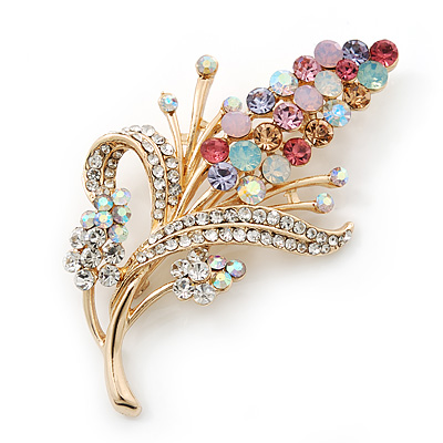 Multicoloured Swarovski Crystal Floral Brooch In Polished Gold Plating - 68mm Length - main view
