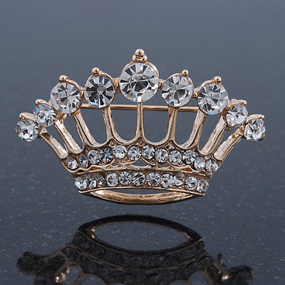 Gold Plated Diamante 'Crown' Brooch - 40mm Width - main view